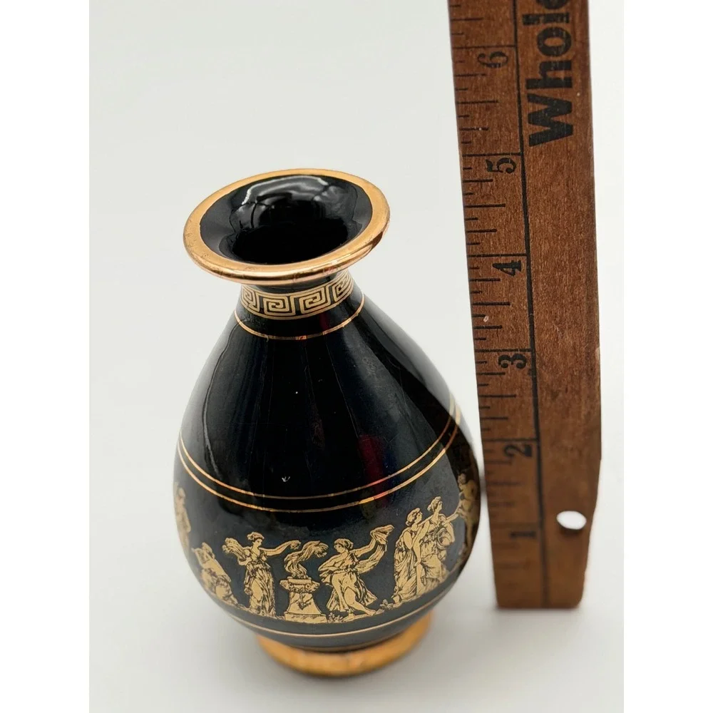 D. Vassilopoulos Greece Hand Made 24K Gold Black Ceramic Bud Vase Greek Figures